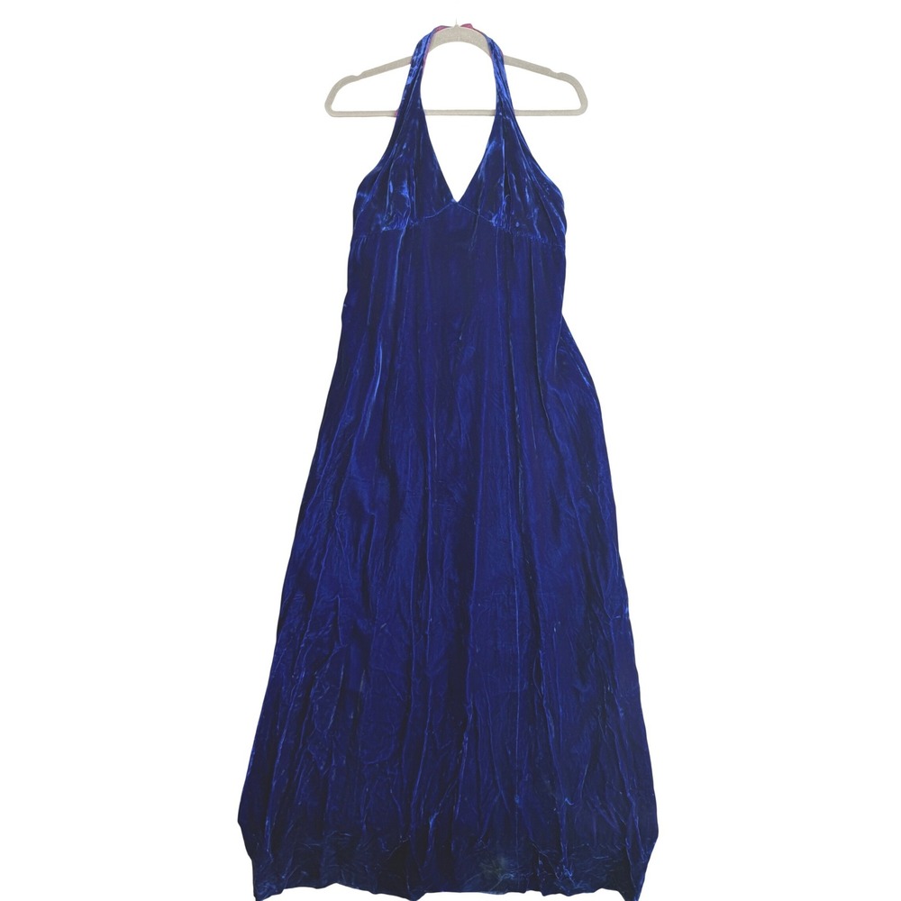 Vintage 70s Velvet Halter Gown 13 Royal Blue Regency Disco Babydoll Maxi Dress
